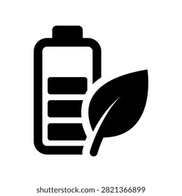 Simple black battery and leaf icon representing sustainable energy storage, eco-friendly power and clean technology. Ideal for renewable energy systems, electric mobility, green batteries, environmental projects and energy efficiency designs.