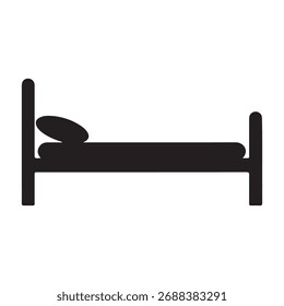 Icono negro simple de la cama que representa el descanso del sueño y la relajación en un diseño minimalista perfecto para el hotel o los conceptos del viaje