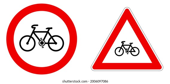 Simple black bicycle icon in red circle and triangle - bike warning or not allowed sign