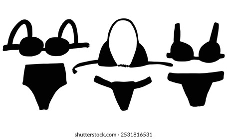 Simple black bikini icons. Summer-themed fashion icons. Three elements outlined on a white background.