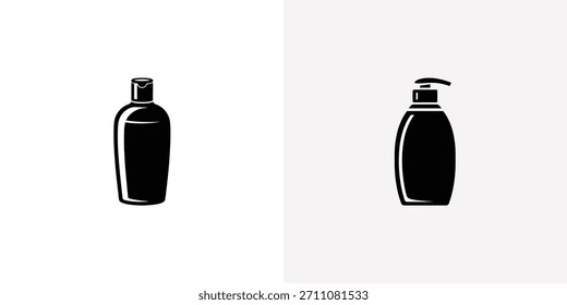 Siluetas simples de botella negra con tapa abatible y dispensador de bomba, adecuado para lociones, champús o empaques de jabón líquido.