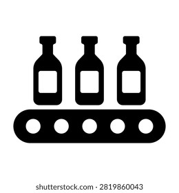 Simple black bottles on conveyor belt icon representing automated bottling, packaging and industrial production. Ideal for manufacturing plants, beverage processing, factory automation, filling lines, packaging systems and production equipment designs.