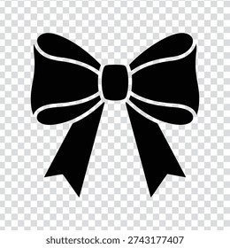A simple black bow icon with a white outline, set against a transparent background with a subtle grey and white checkerboard pattern, ideal for use in graphic design or digital art
