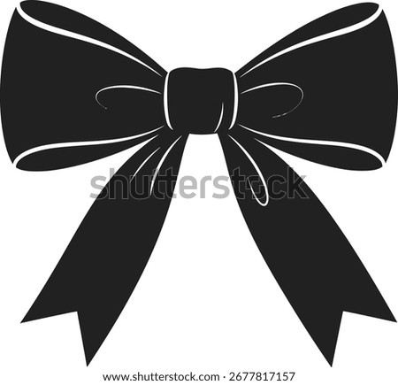 A simple black bow silhouette with a tied knot and two flowing ribbon tails, depicted in a clean graphic style against a white background.