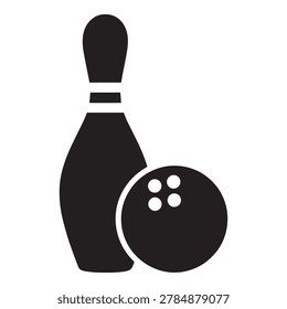 A simple black bowling pin and ball icon on a clean white background, perfect for sports or game related designs