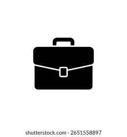 Um simples ícone preto de pasta é mostrado, representando negócios, profissionalismo e trabalho. O ícone apresenta uma alça e uma trava, simbolizando o transporte de documentos essenciais.