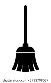 Einfaches schwarzes Besen-Symbol, klassische Silhouette des Reinigungswerkzeugs mit langem Griff und Borsten, Haushaltsschuh-Symbol