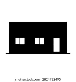 Simple black building facade featuring two windows and a door, emphasizing modern architectural design and minimalistic style.