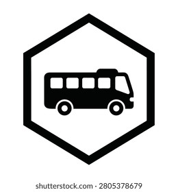 Simple black bus icon inside a hexagon on white background representing travel