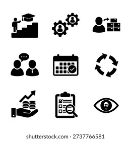 Simple Black Business Icon Set with Education, Teamwork, and Growth Concept