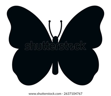 Simple black butterfly silhouette showcasing spread wings, isolated against a white background, representing nature, freedom, beauty, and the journey of transformation