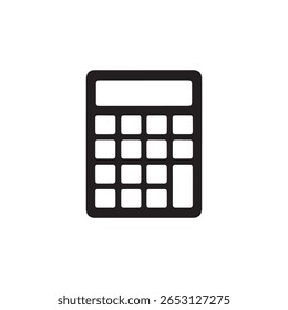 Um simples ícone preto de calculadora isolado em um fundo branco. Isso representa uma calculadora padrão com seu layout básico de funções matemáticas.