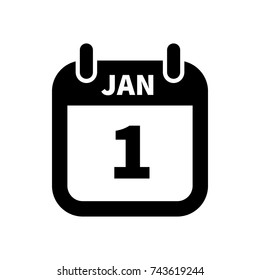 Icono simple de calendario negro con fecha de 1 de enero aislada en blanco