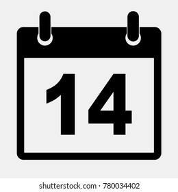 Simple black calendar icon with 14 date. Vector illustration