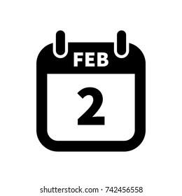 Simple black calendar icon with 2 february date isolated on white