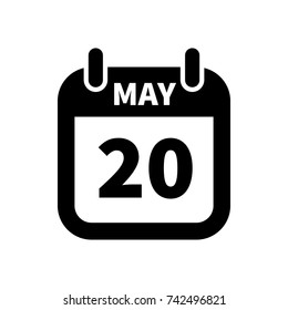 Simple black calendar icon with 20 may date isolated on white
