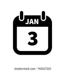 Simple black calendar icon with 3 january date isolated on white