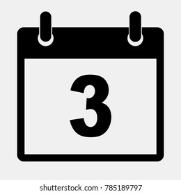 Simple black calendar icon with 3 date. Vector illustration