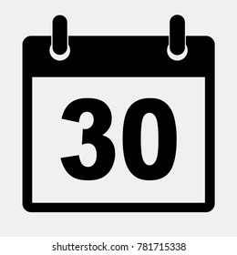 Simple black calendar icon with 30 date. Vector illustration