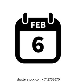 Simple black calendar icon with 6 february date on white