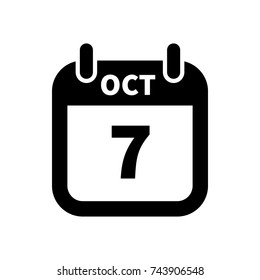 Simple black calendar icon with 7 october date isolated on white