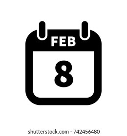 Simple black calendar icon with 8 february date on white
