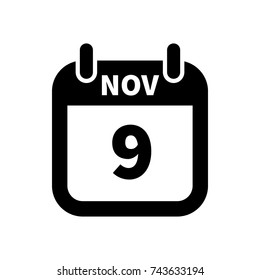 Simple black calendar icon with 9 november date on white