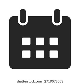 Ein einfaches schwarzes Kalendersymbol mit einem Raster für Datumsangaben, das Organisation und Planung symbolisiert.