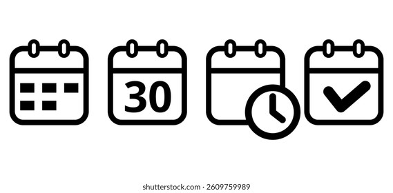 Simple black calendar icons, hollowed out and isolated on transparent background for websites and graphic resources, calendar icon with specific day, day 30.
