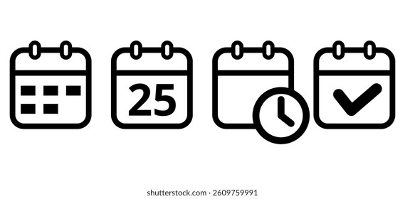 Simple black calendar icons, hollowed out and isolated on transparent background for websites and graphic resources, calendar icon with specific day, day 25.