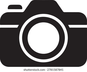 Simple black camera with a circular lens and rectangular body shape on a clean white background area