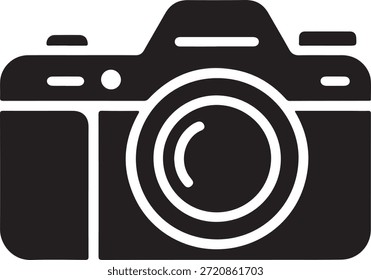 Simples ícone de câmera preta sobre um fundo branco simbolizando fotografia e mídia digital com linhas limpas e design minimalista atraente para designers gráficos e entusiastas da fotografia.