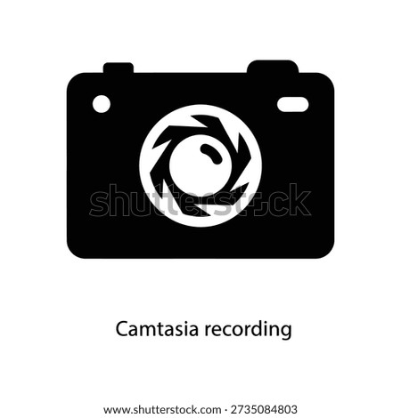 A simple black camera icon on a white background with the text 'Camtasia recording' below, ideal for technology and software concepts.