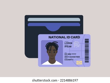 A simple black cardholder with plastic debit and credit cards inside, an National ID with a photo portrait 
