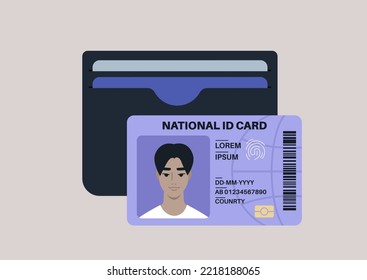 Un simple carnet negro con débito plástico y tarjetas de crédito dentro, un documento de identidad nacional con un retrato fotográfico 