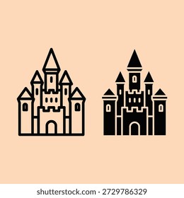 Simple black castle illustrations on peach background minimalist design fantasy architecture digital art two distinct styles sandcastle inspiration creative concept vector graphics abstract shapes
