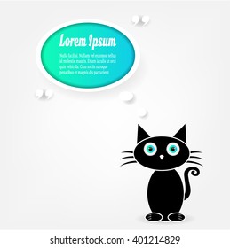 Simple, black cat with big, blue eyes, isolated on bright background, place for your text, empty quote bubble