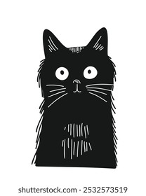 Simple black cat with big eyes in a minimalist style, doodle style, hand-drawn, on a white background