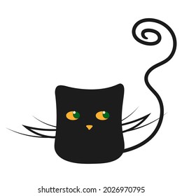 Simple black cat for halloween icon or aratar. Yellow-green eyes long mustache and tail. Vector isolated illustration. Use for print, postcards, decoration, websites.