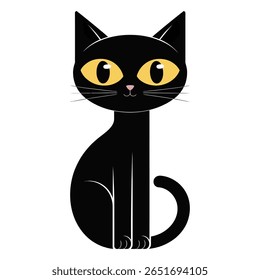 A simple black cat illustration with large yellow eyes sits against a white background The style is minimalist and cartoonish