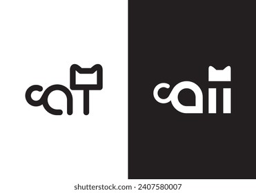 simple black cat line logo design
