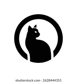 Simple black cat logo silhouette in a circle, ideal for pet branding, minimalist identity, or modern animal graphic elements.