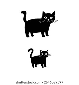 Simple Black Cat Silhouettes with White Whiskers on White Background
