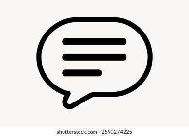 Simple black chat bubble icon with three horizontal lines. Chat bubble represents communication. Minimalist chat bubble design on a white background. Communication vector element.