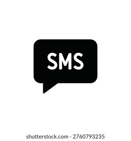 A simple black chat bubble icon with white text 'SMS' on a plain white background, representing short message service.