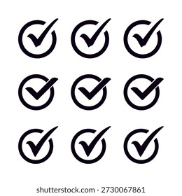Iconos simples de marca de verificación negra en un diseño de cuadrícula, ideales para conceptos de Aprobación, verificación y finalización de tareas.