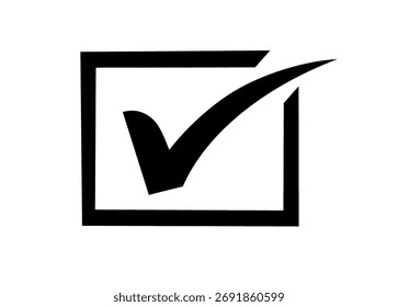 Una marca de verificación negra simple en una caja cuadrada aislada sobre fondo blanco