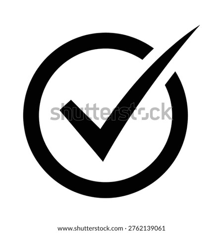 A simple black check mark symbol inside a circular outline, representing confirmation, approval, or completion. Ideal for design projects, business, or success-related themes.