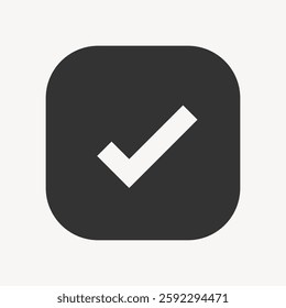 Simple black checkmark icon on a gray background. Checkmark symbol for approval, confirmation, or completion. Minimalist checkmark design in a square shape. User interface icon vector.