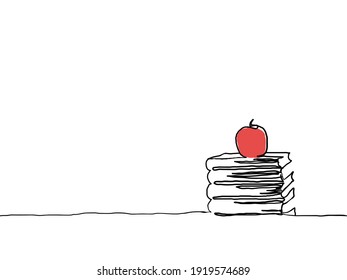 simple black childish continuous lines art of books and red apple for back to school time with copy space seamless pattern vector design for background, wallpaper, texture, cover, label, banner etc. 